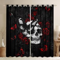 Homewish Gothic Skull Butterfly Blackout Curtains Set of 2 (52x84 Each) For Girls Boys,Chic Floral Rose Window Curtains,Black Red Grey Curtains and Drapes,Super Cozy Room Decor