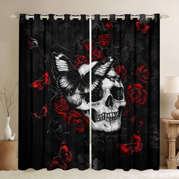 Homewish Gothic Skull Butterfly Blackout Curtains Set of 2 (52x84 Each) For Girls Boys,Chic Floral Rose Window Curtains,Black Red Grey Curtains and Drapes,Super Cozy Room Decor