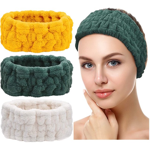 3 diademas para lavado de cara para maquillaje y yoga, deportes, ducha, spa, diadema facial, diadema elástica para niñas y mujeres (blanco, amarillo, verde) ER
