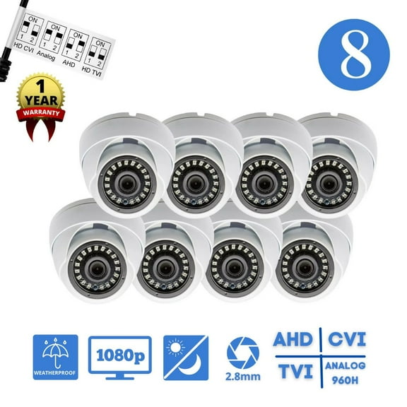 Evertech 1080p HD 8 Pcs Outdoor Indoor Wide Angle Dome CCTV Security Camera Compatible AHD TVI CVI and Traditional Analog DVR