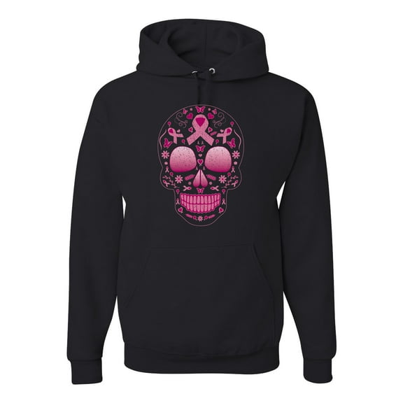 Wild Bobby Pink Breast Cancer Sugar Skull Breast Cancer Awareness Unisex Hoodie Sweatshirt, Black, Small