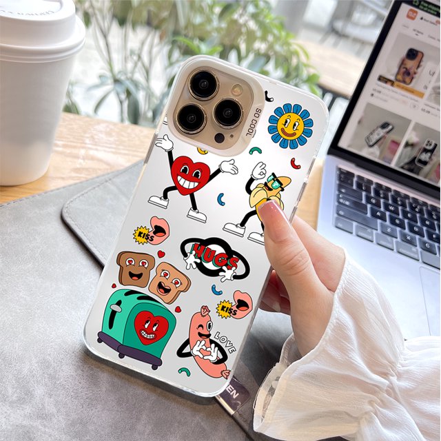 Funda de teléfono plateada colorida de doble capa mate con ilustración divertida para iPhone 15 Pro Max 14 13 12 Pro 11 - Protección confiable