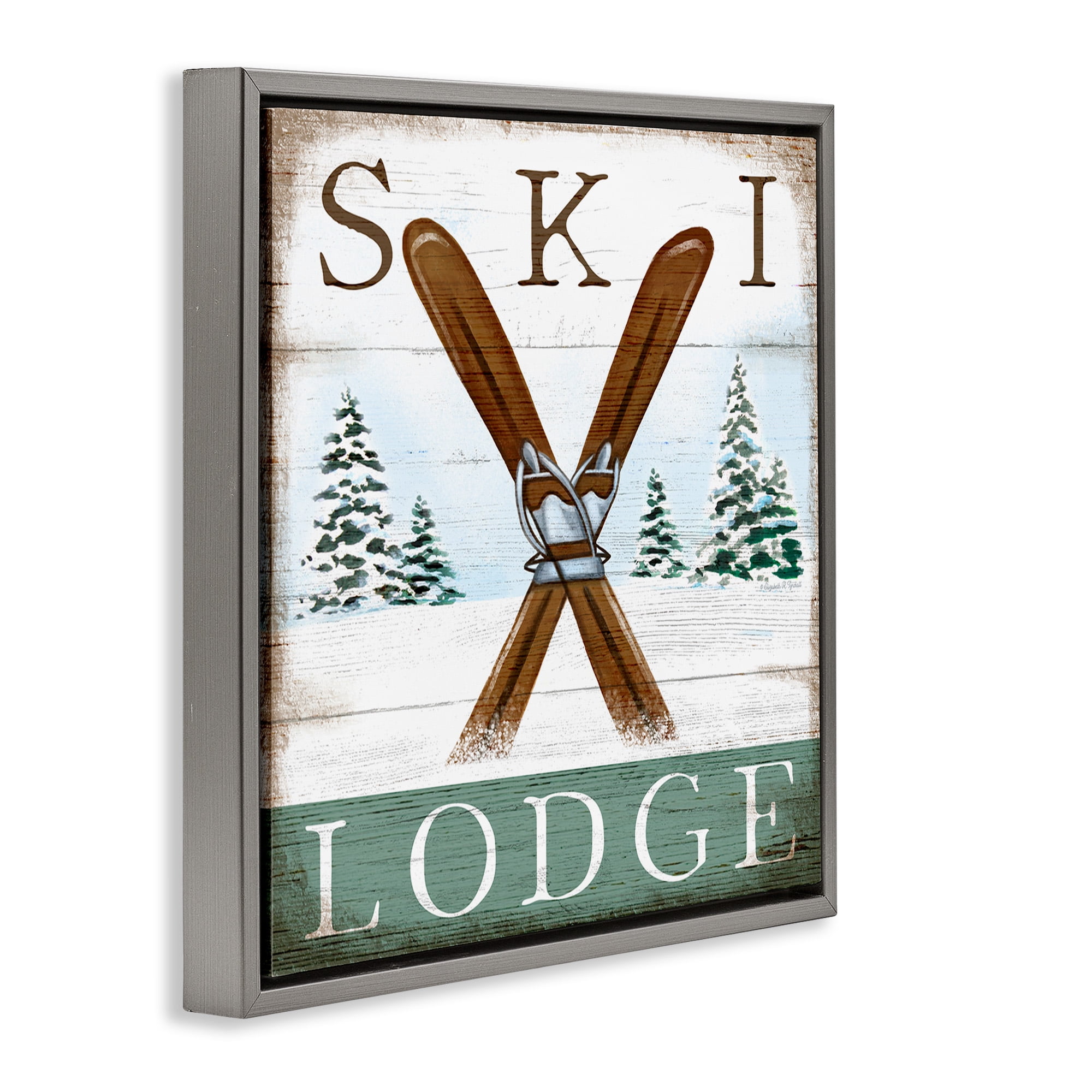 Stupell Industries Ski Lodge Rustic Cabin Sign Sports Painting Gray Floater Framed Canvas Art Print Wall Art, 25 x 25