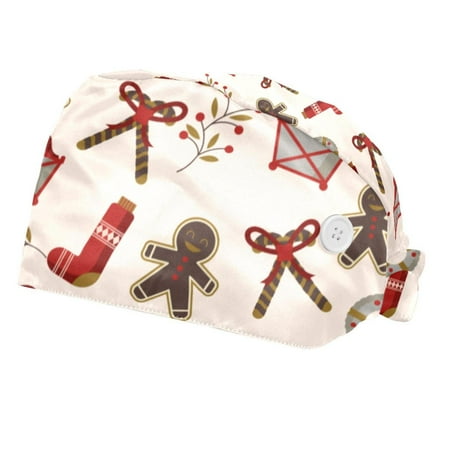 

2PCS Working Cap with Buttons and Sweatband Adjustable Tie Back Hats Bouffant Caps Christmas Scrub Turban Hat