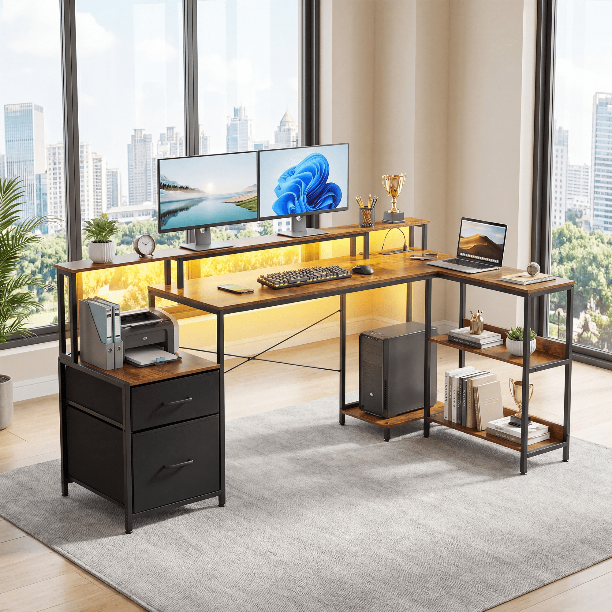 IULULU 75" Reversible L-Shaped Gaming Desk with Power Outlet and LED Strip, Computer Desk with Storage Shelves for Home Office, Rust