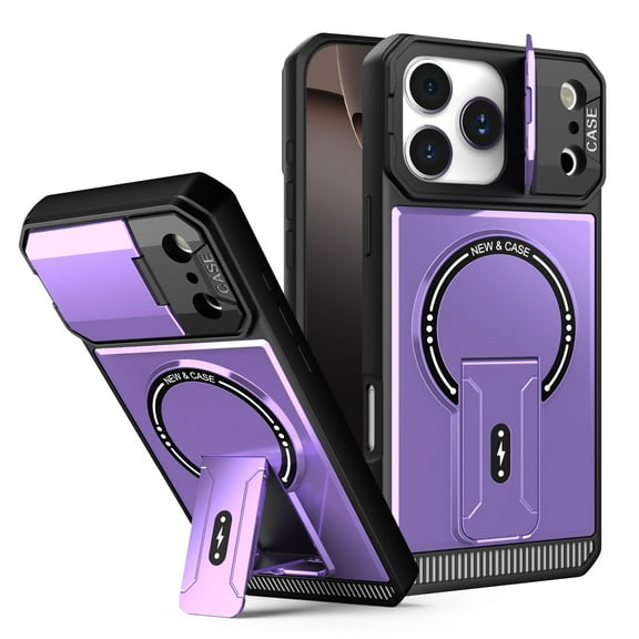 Dteck Magnetic Case for iPhone 17 Pro,Shockproof TPU PC Case with Lens Cover Compatible with Mag Safe Invisible Bracket Kicktand Cover,Purple