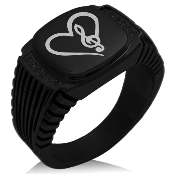 Stainless Steel Love Music Treble Clef Heart CZ Ribbed Needle Stripe Pattern Biker Style Polished Ring