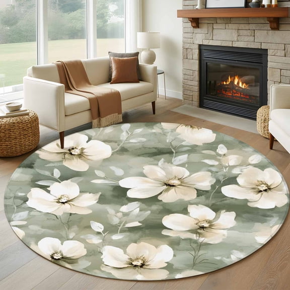 Round Rugs 6Ft, Sage Green Spring Floral Round Area Rug Washable Indoor Throw Carpet, Watercolor Summer Flower Soft Non Slip Circle Rug for Office Cabinet Home Decor Aesthetic