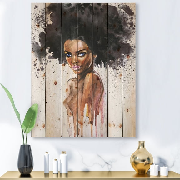 Designart 'Portrait of Afro American Woman VII' Modern Print on Natural Pine Wood