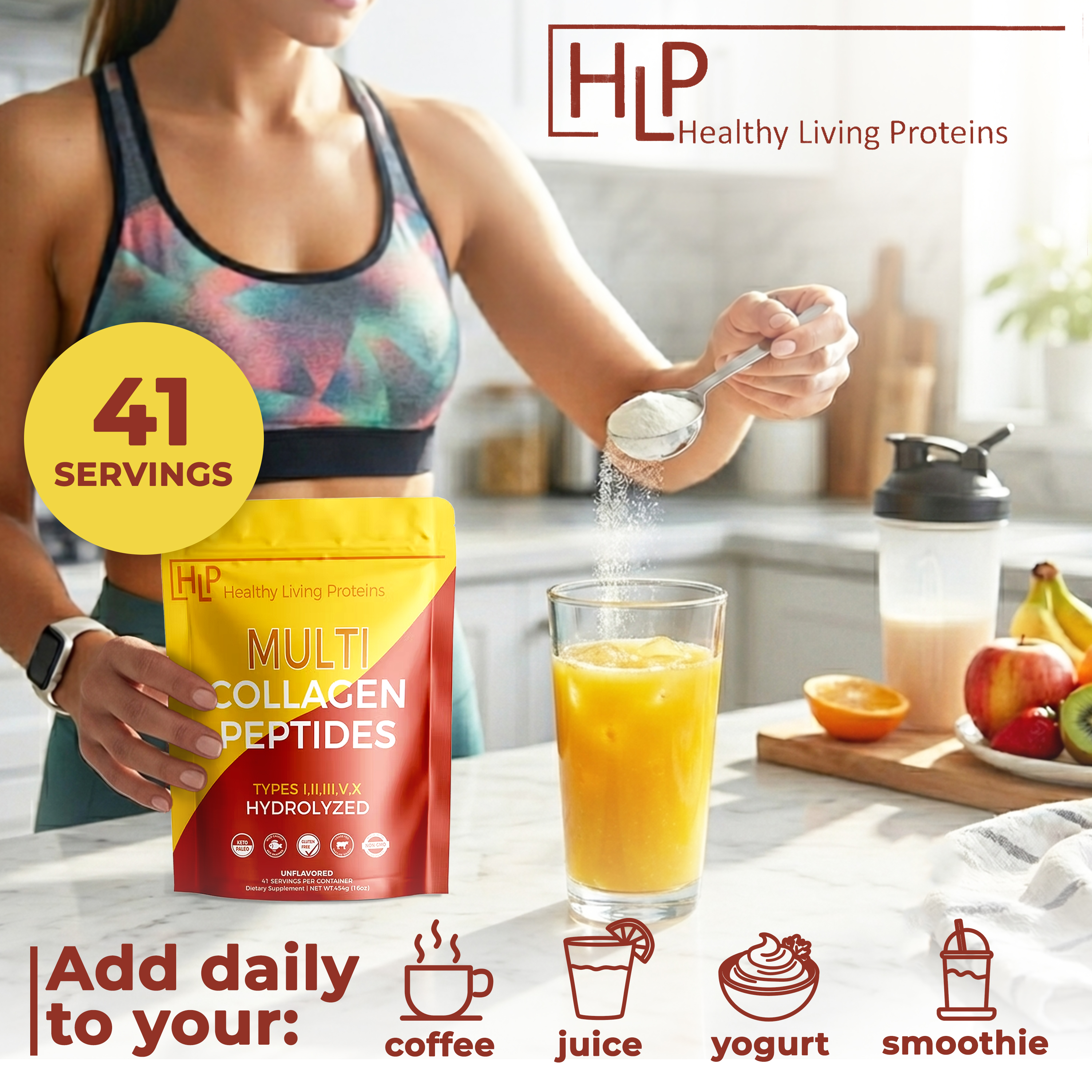 Healthy Living Proteins Hydrolyzed Multi Collagen Peptides Powder with Probiotics, Grass-Fed Unflavored Collagen Protein (Types I, II, III, V, X), Supports Skin, Hair, Nails & Joints, 41 Servings