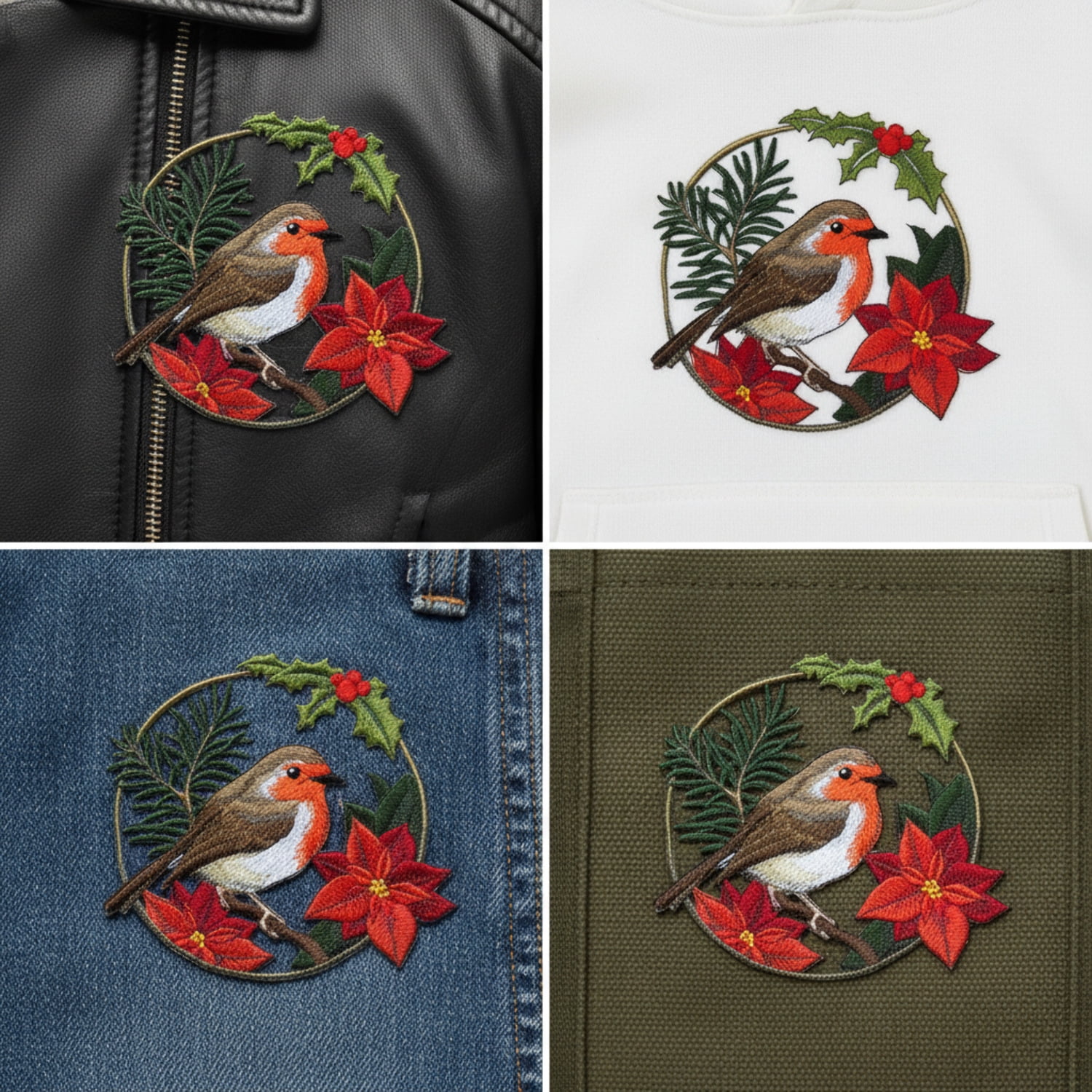 European Robin in Christmas Blooms Embroidered Iron on patch [6.27" X 5.9"]