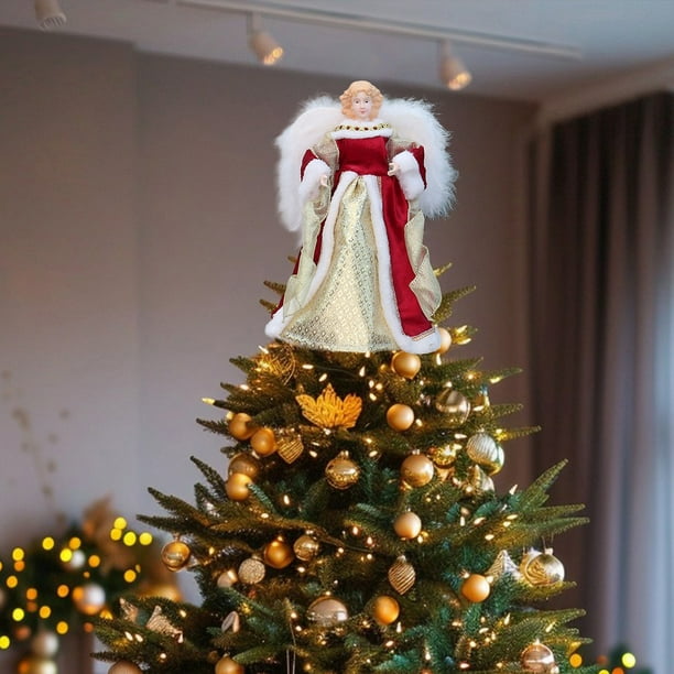 Muñeca con vestido de tela con alas rojas y doradas para adornar el árbol de Navidad | Adorno de ángel artesanal para decoración navideña | Estrella festiva de 30 x 18 x 15 cm