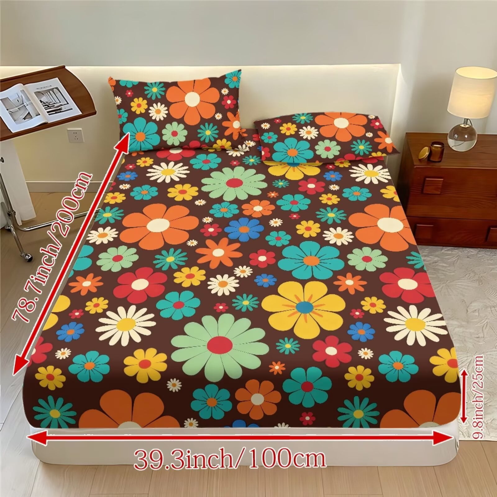 ZIATUBLES 3-Piece Twin Sheet Set, Brown Hippie Daisy Floral Print Cooling Sheets, Soft Cozy 9.8" Standard Pocket Twin Sheets with Pillowcases, Easy-Care Bedding for All Seasons
