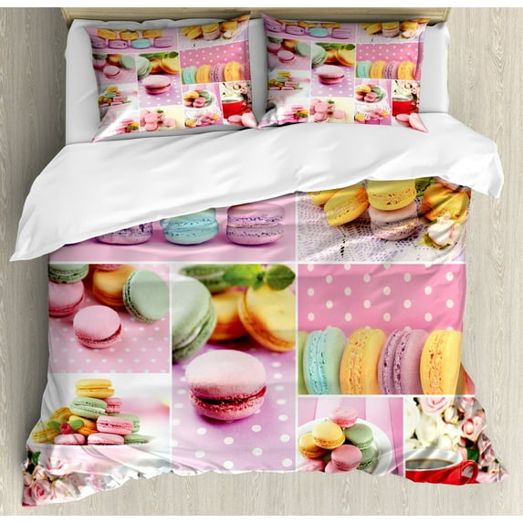 Colorful Duvet Cover Set King Size, Collage of Tasty Macaroons Delicious French Desert Napkins Dots Kitchen Theme, Decorative 3 Piece Bedding Set with 2 Pillow Shams, Multicolor, by Ambesonne