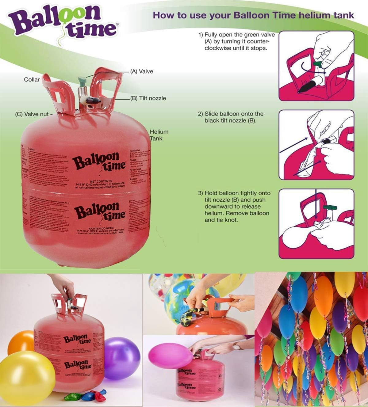 BLUE RIBBON Balloon Time Disposable Helium Tank 14.9 cu.ft - 50 Latex Party Balloons + Curling Ribbon + Hi Float + Drawstring Backpack Bag