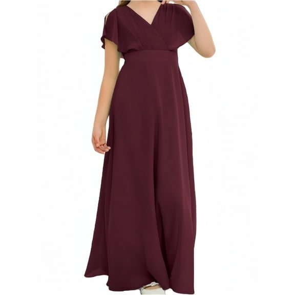 Chiffon Junior Bridesmaid Dress for Girls V-Neck Flower Girl Dress Formal Dresses -Cabernet-2Y