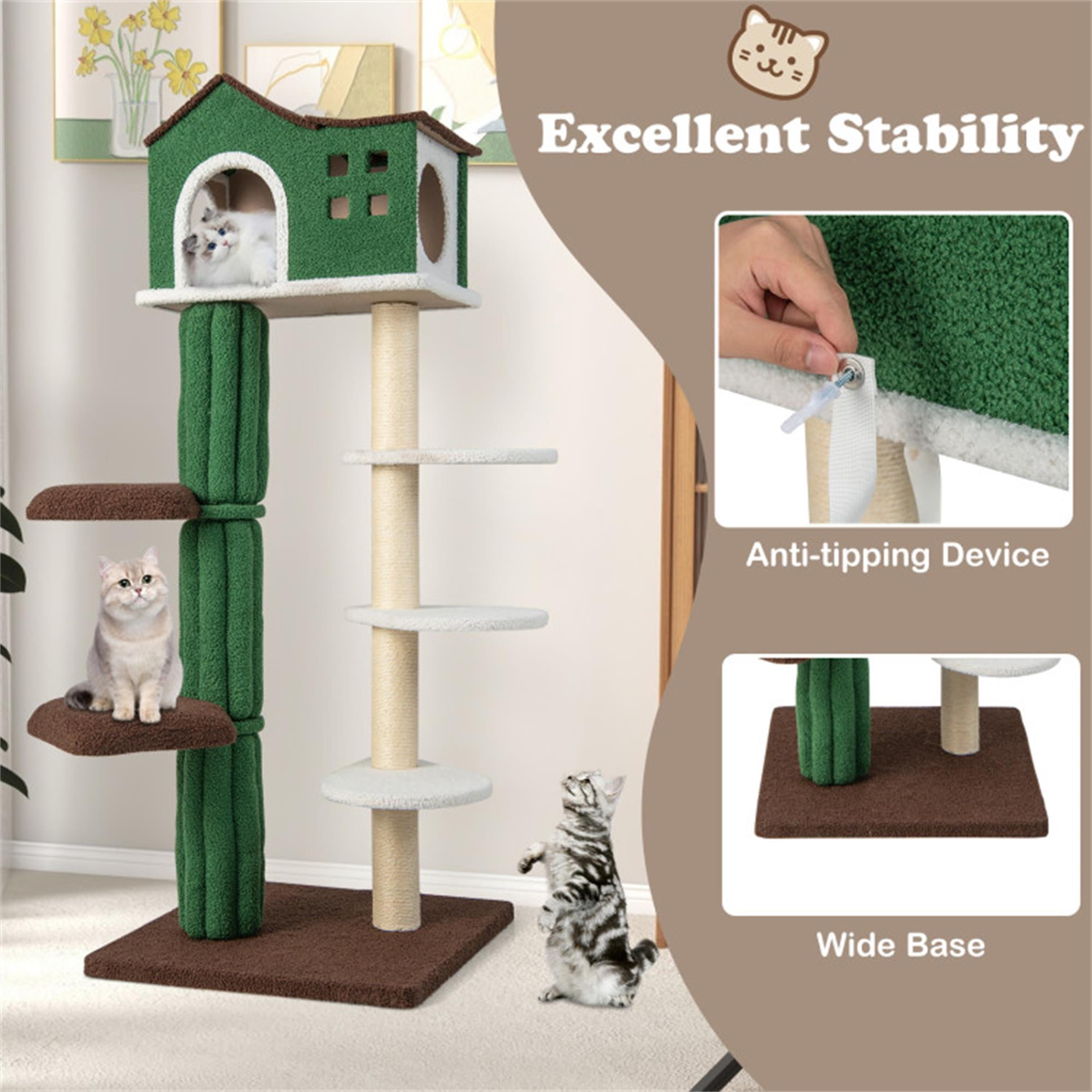 Kadyn 61" Modern Cat Tree Tower for Indoor Cats with Natural Sisal Scratching Posts, Anti-tipping Device, Cat Tree House for Kittens Climb Play, Rest, Green