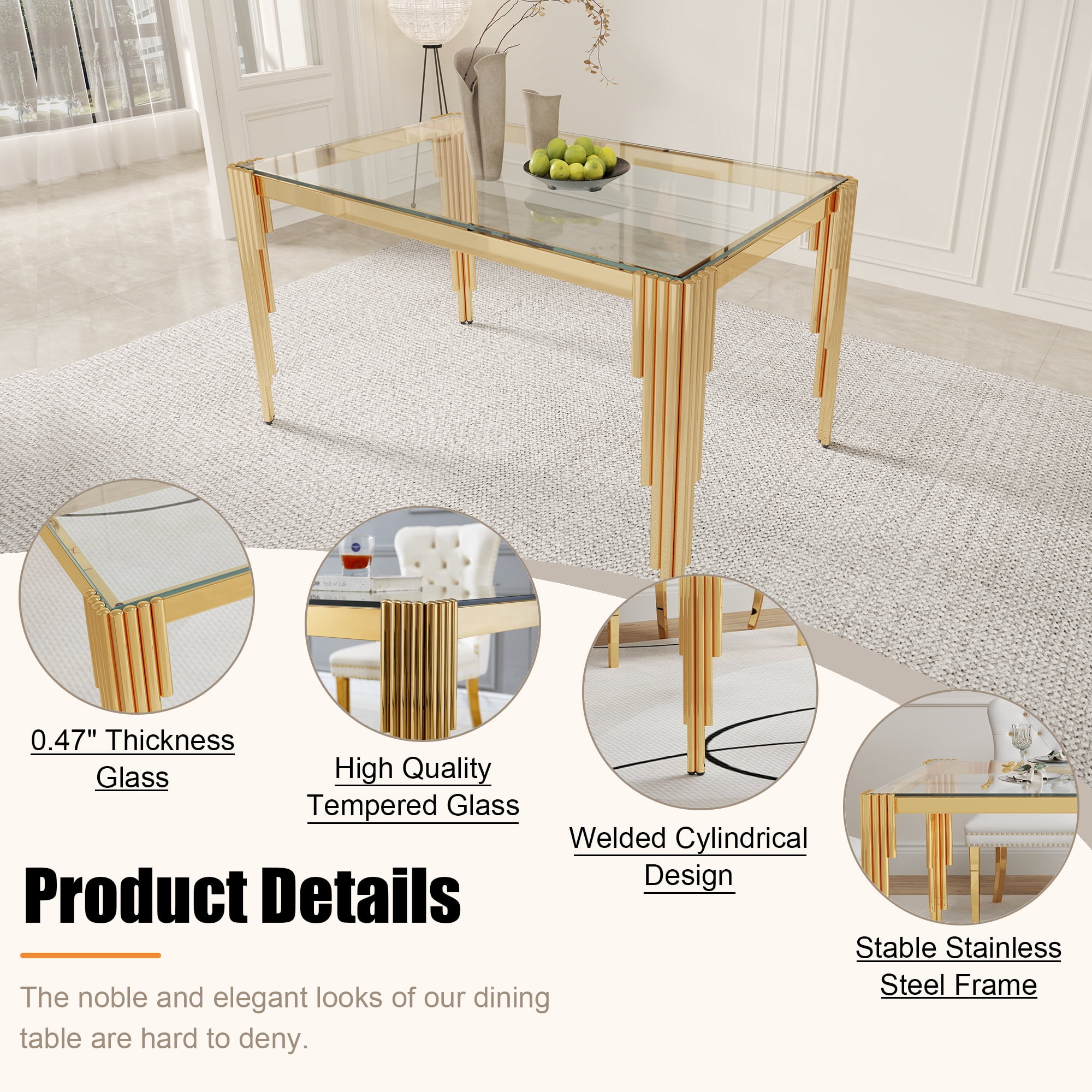 52.7" Rectangular Clear Tempered Glass Dining Table for 4 People, Modern Kitchen Table with Irregular Stainless Steel Legs, Dining Table for Small Space, Apartment Studio, Home Office