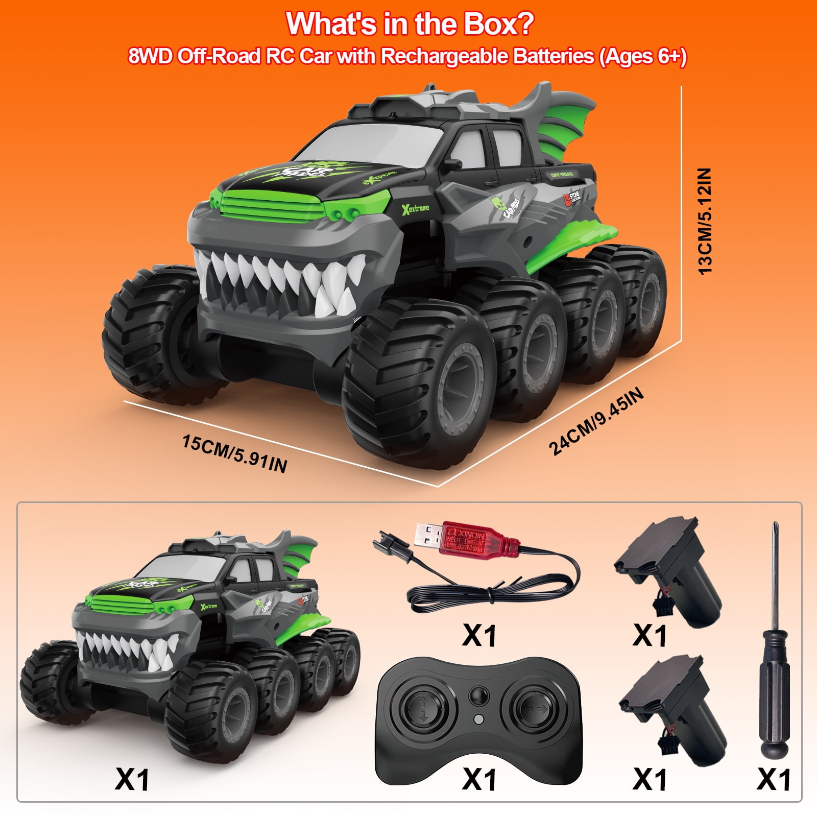 Amphibious Remote Control Car 8WD RC Monster Truck with 2 Rechargeable Batteries for Boys Age 8-12 Offroad Waterproof RC Pickup 2.4GHz All Terrain RC Drift Cars Beach Pool Toys Gifts for Kids Green