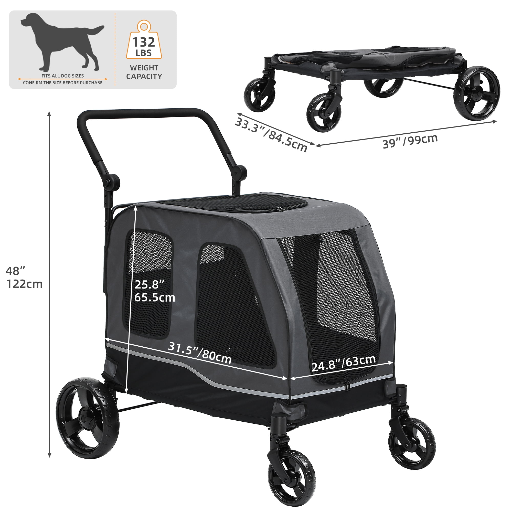 Uforic Foldable Dog Stroller, 4-Wheel Pet Stroller with Dual-Entry, Adjustable Handle, Reflective Strips, Folding Dog Wagon Up to 132 lbs Capacity for Large Dogs, Gray