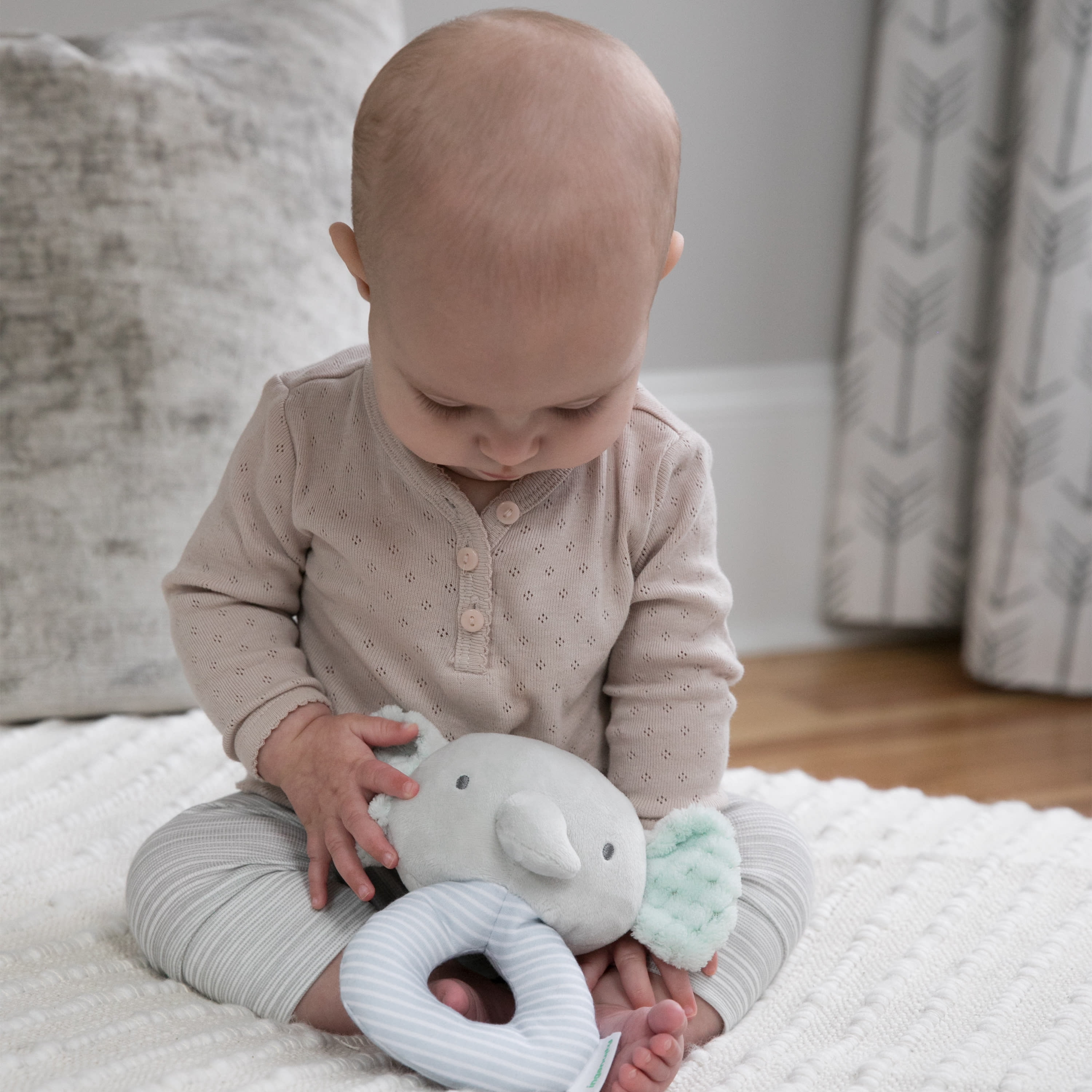 Ingenuity Premium Soft Plush Ring Rattle - Van the Elephant, Ages Newborn +