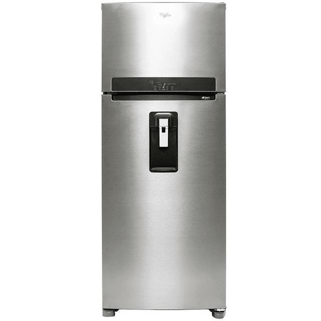 refrigerador top mount 18 p³ xpert energy saver acero inoxidable wt1890a frontal centrado; dos puertas con congelador superior, acabado acero inoxidable cepillado, dispensador de agua empotrado en la puerta inferior y panel de control electrónico externo entre puertas; silueta rectangular sobre fondo neutro; a menudo se usa también para almacenar botellas altas y recipientes largos en el compartimento principal.