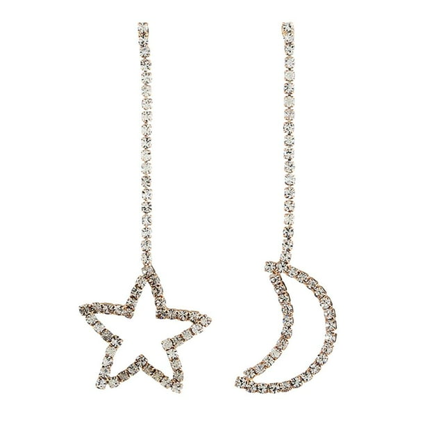 Pendientes largos con forma de estrella y luna con diamantes de imitación para mujer y niña Oro