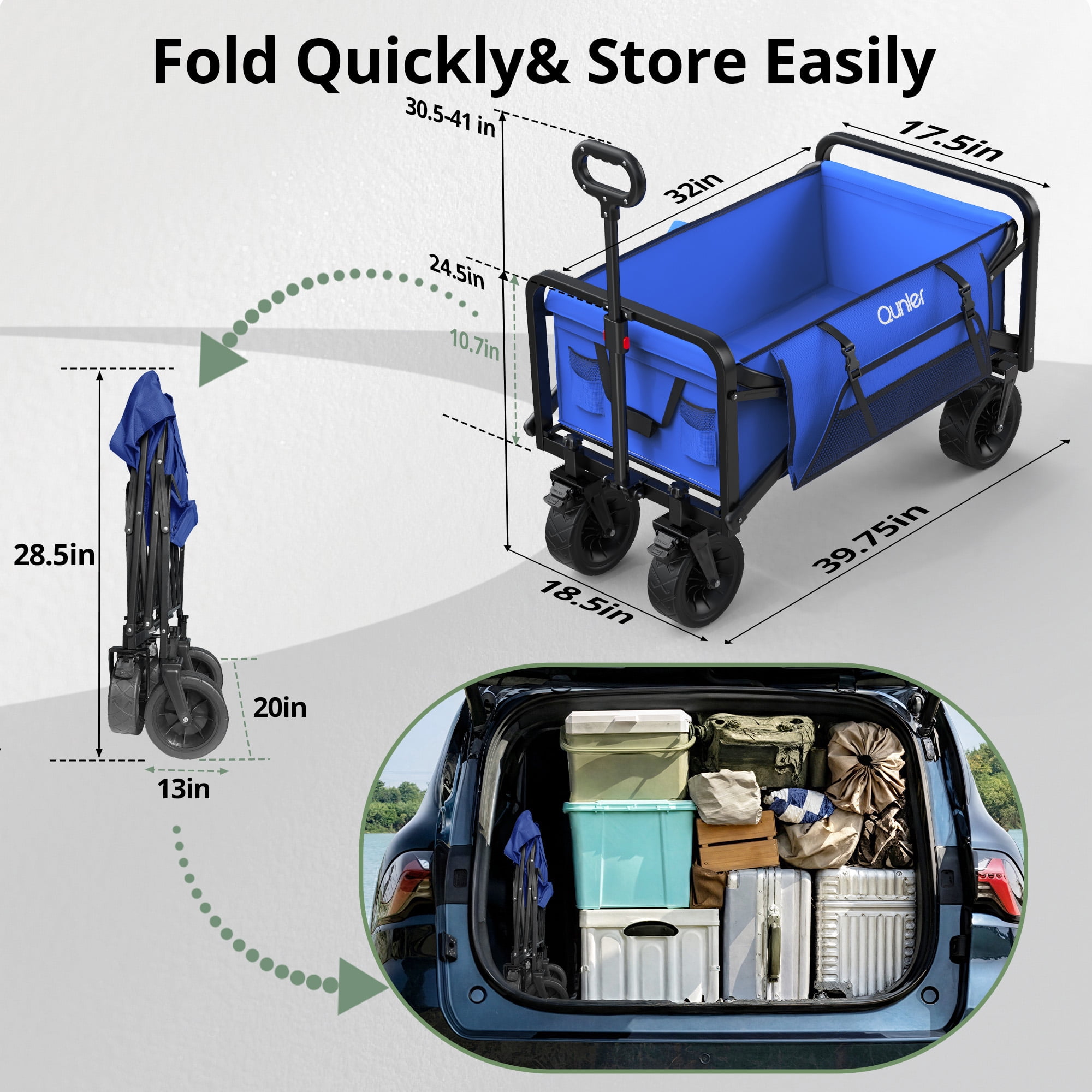 Qunler 560lbs Collapsible Folding Wagon, Heavy Duty Utility Beach Cart with 8" Wheels and Side Pocket, Large Capacity for Camping, Beach, Shopping, Sports, Outdoor, Blue
