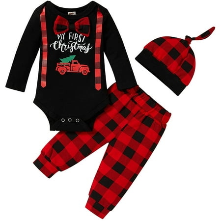 

Viworld My First Christmas Baby Boy Girl Clothes Bowtie Long Sleeve Romper+Plaid Pants+Hat 3Pcs Xmas Outfits(Black 0-3 Months)