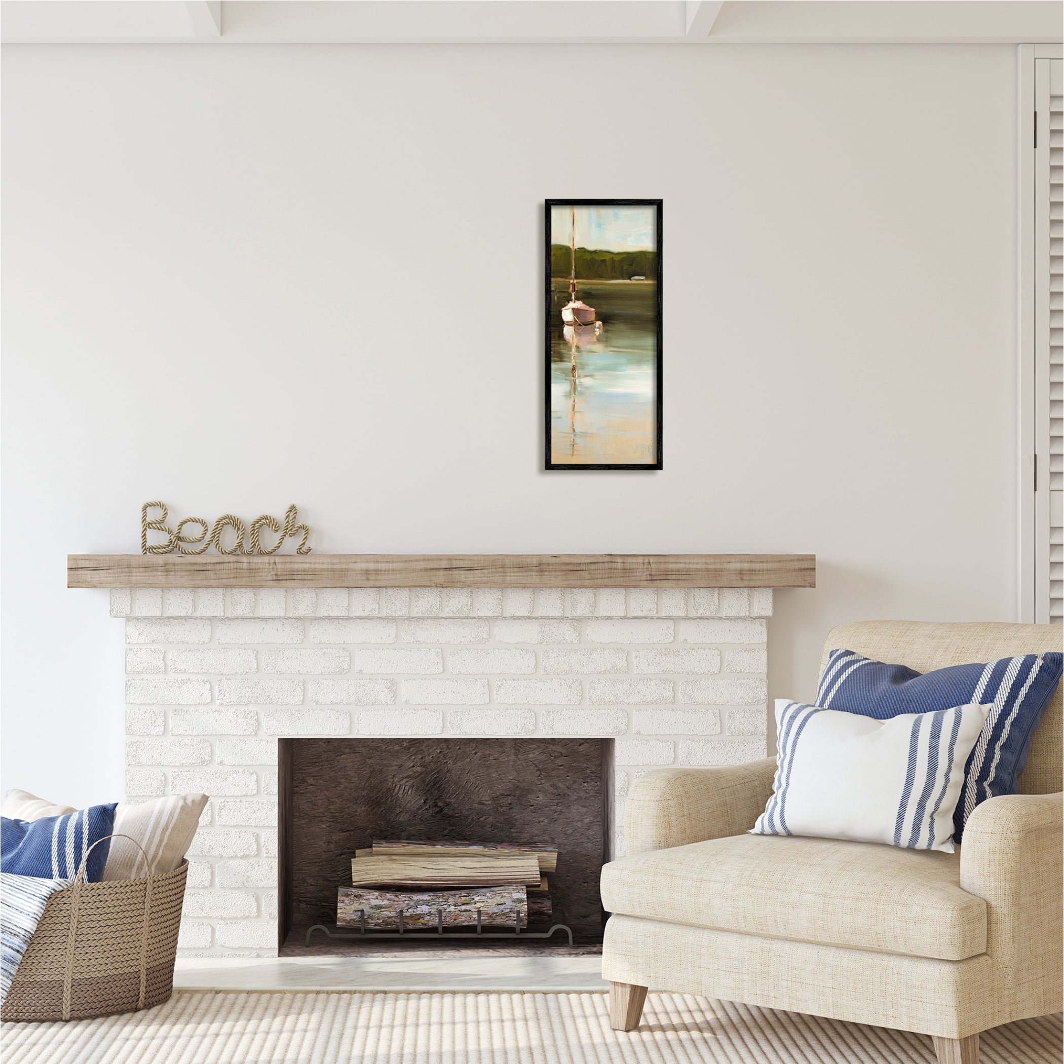Stupell Industries Boat Reflection Painting Transportation Painting Black Framed Art Print Wall Art, 10 x 24