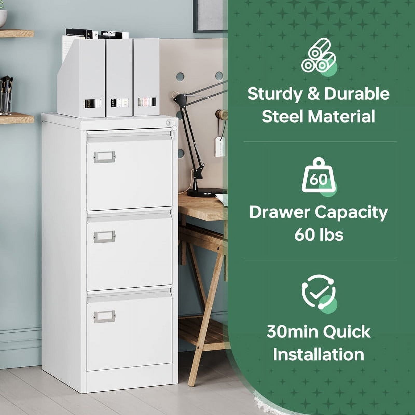 MIIIKO 3 Drawer File Cabinet with Lock,Metal Vertical Filing Cabinets for Home Office Storage A4/F4/Letter/Legal for Home Office-Assembly Required(White)
