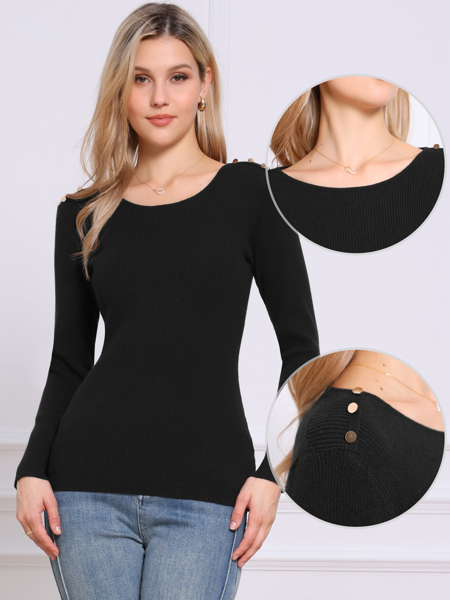 DARING DIVA Women's Long Sleeve Crewneck Fitted Pullover Sweaters XS Black