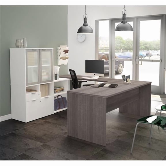Bestar i3 Plus U Shape Computer Desk with Hutch in Bark Gray and White