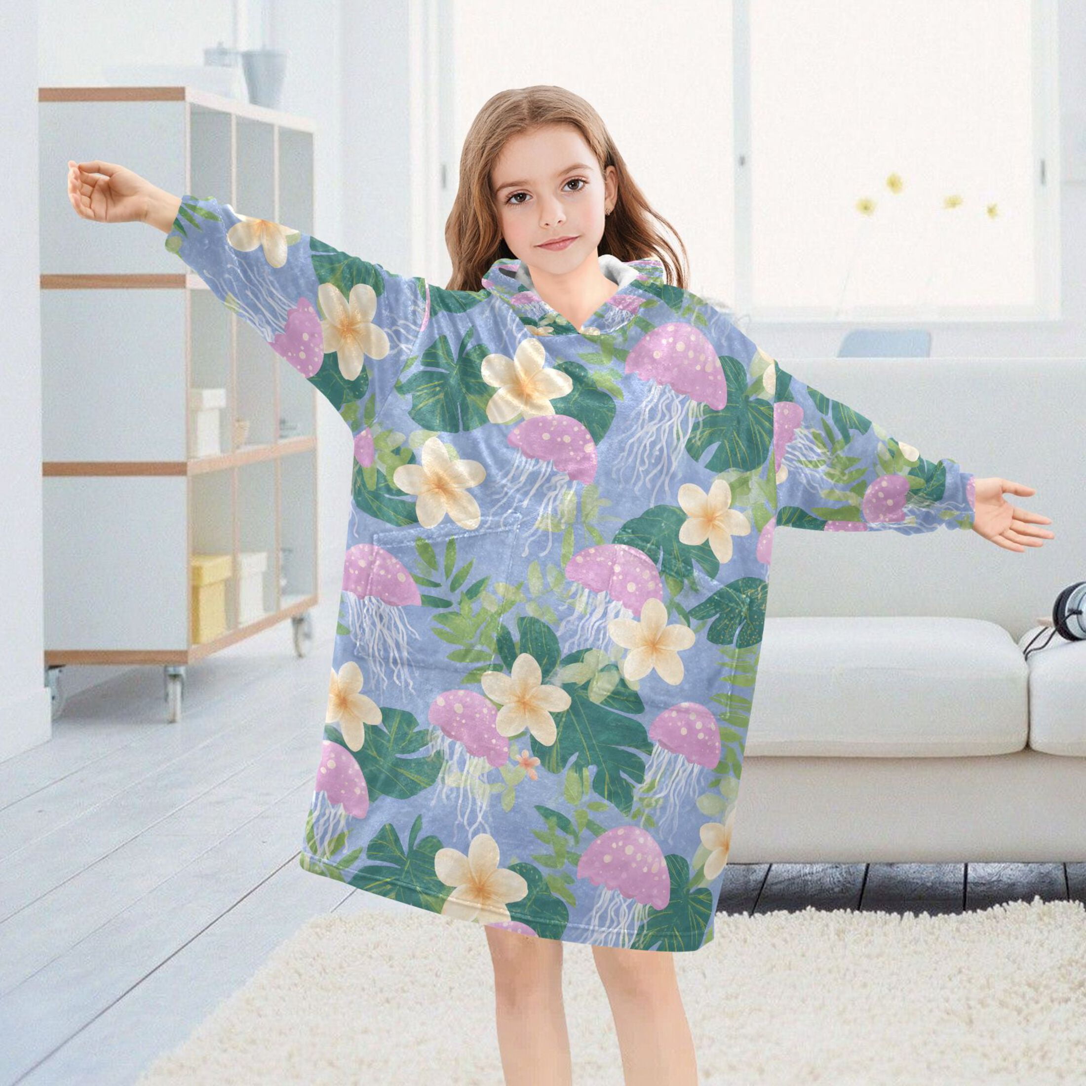 joogoo Blanket Hoodie for Pink Jellyfish Pattern Oversize Sweatshirt 3-14 YR L