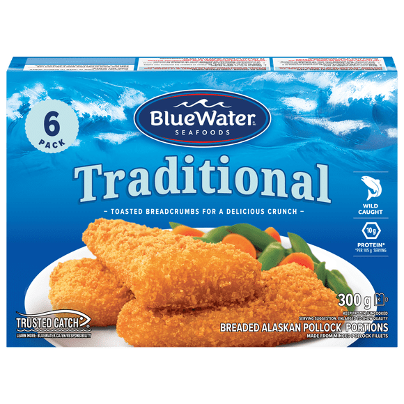 BlueWater Seafoods Traditional Breaded Fish Portions, Wild Caught Fish, 300 g