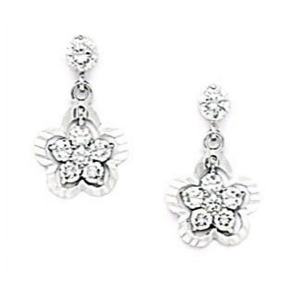 Sterling Silver Rhodium Plated Cubic Zirconia Flower Drop Screw-Back Earrings - Measures 14x9mm