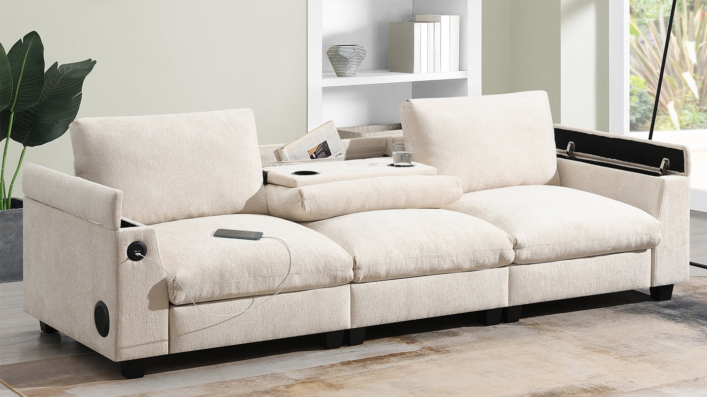 MAYEERTY 96x35" Chenille Sectional Sofa - Bluetooth Speaker, Drop Down Table/Cup Holders/USB/Storage, Wide Seat for Living Room/Apartment/Office, 3 Colors
