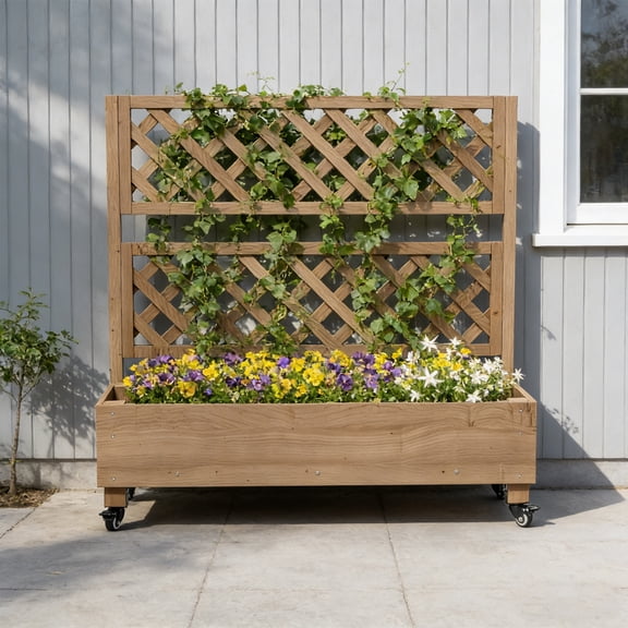 Raised Garden Bed with Trellis on wheels, Free-Standing Trellis Planter Box with 4 Drainage Holes,Brown