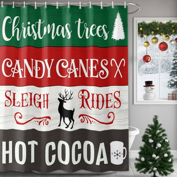 Christmas Theme Shower Curtains for Bathroom, Christmas Trees Canes Reindeer Hot Cocoa Waterproof Fabric Shower Curtain for Bathroom Bathtub Decoration, Machine Washable, 60"x72"