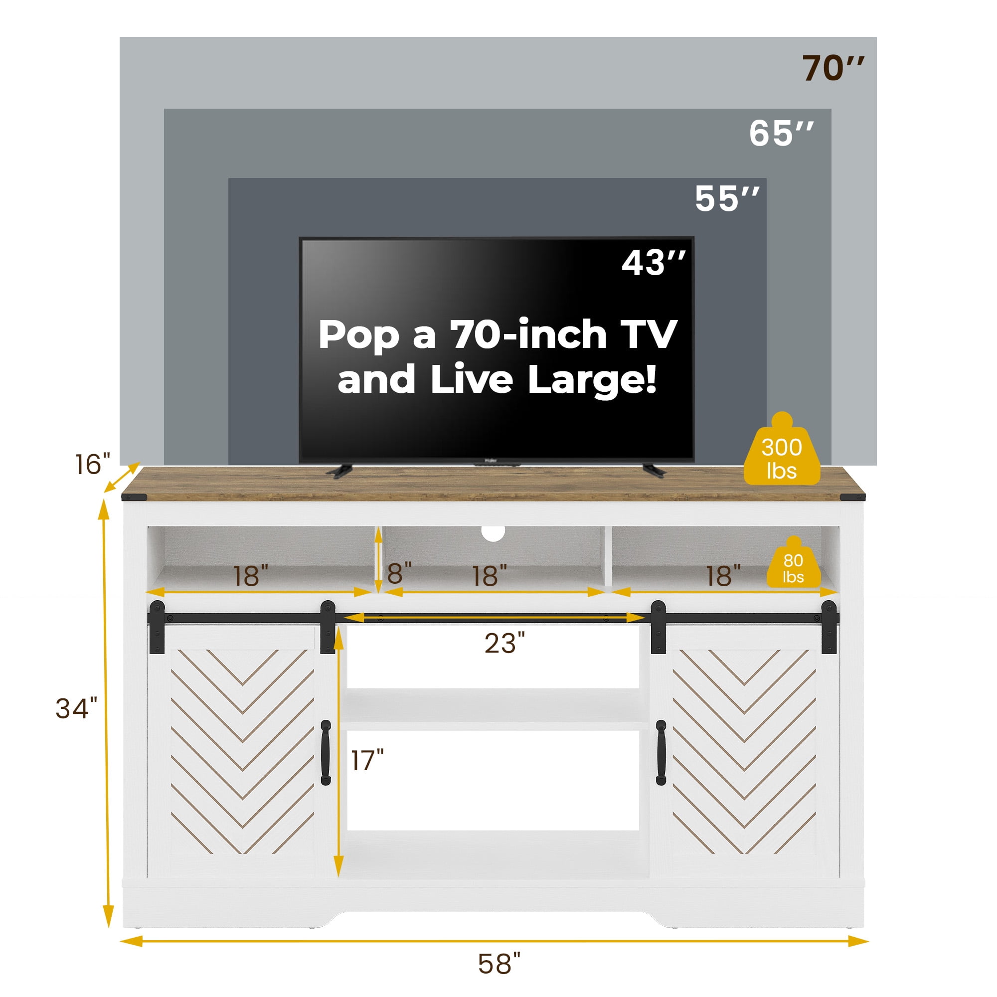 May in Color Farmhouse TV Stand, 34 Inch Tall, for 65+ Inch TV, Sliding Bar Door, Wood-Tone White