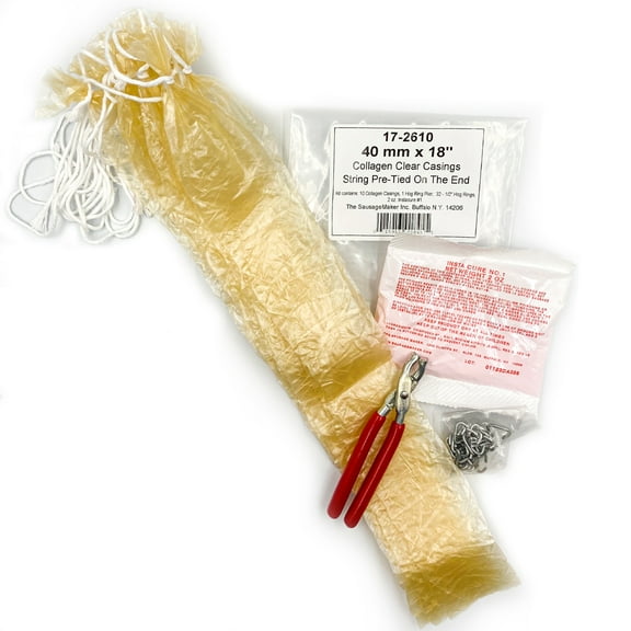 The Sausage Maker - 40mm (1 5/8") x 18" Collagen Casing Kit - Includes Sausage Casings, Pliers, Hog Rings and Insta Cure #1