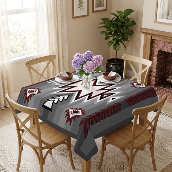 Abstract Geometric Square Tablecloth 60x60 Inch Grey Red Waterproof Polyester Table Cover, Washable Stain Resistant Tablecloth for Dining Table Kitchen Wedding