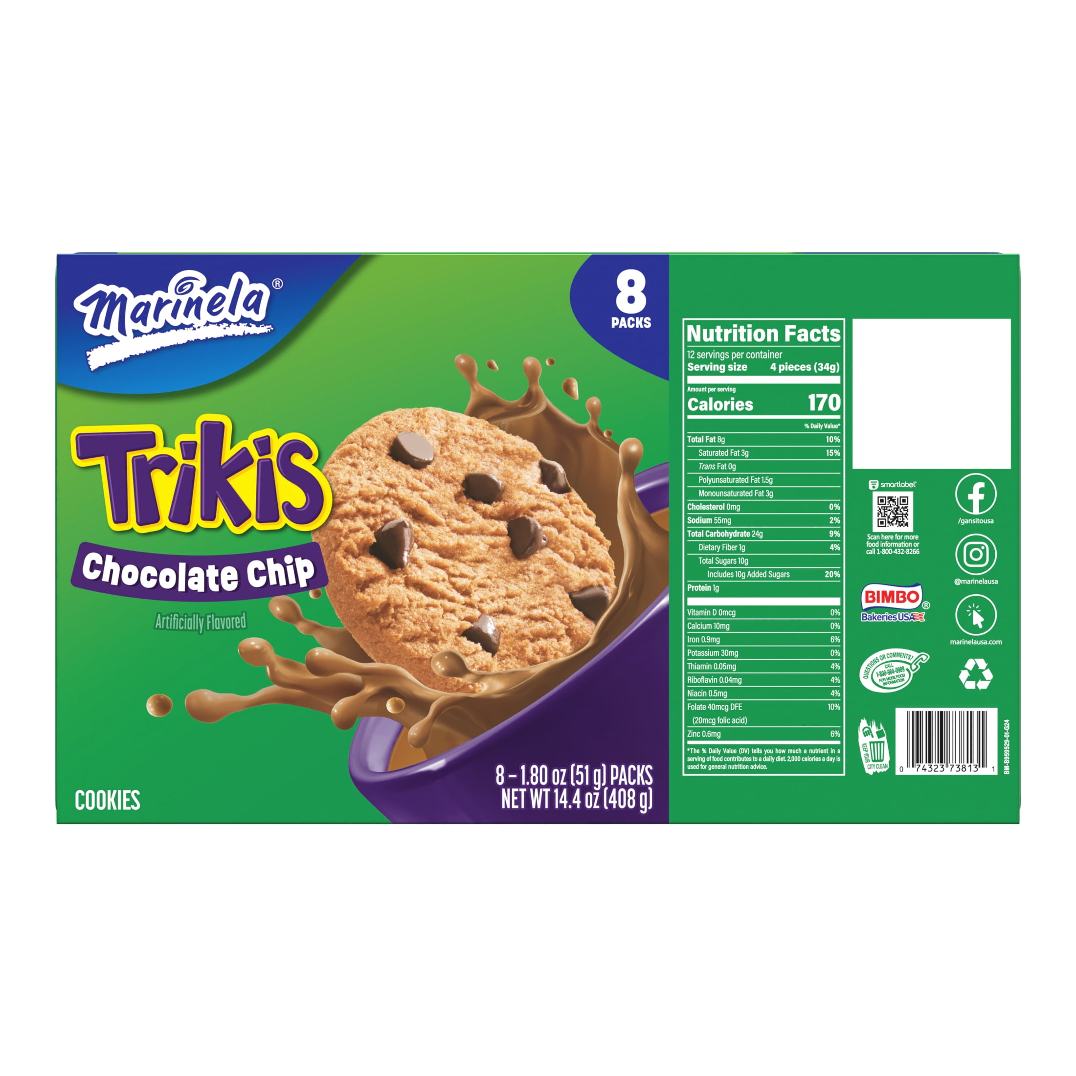 Marinela Trikis Chocolate Chip Cookies, 8 packs, Cookies, 14.11 oz Box