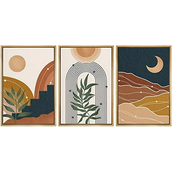 IDEA4WALL Framed Wall Art Print Set Geometric Sun Moon Tropical Plant Valley Nature Abstract Illustrations Modern Decorative Chic for Living Room, Bedroom, Office - 24"x36"x3 Natural