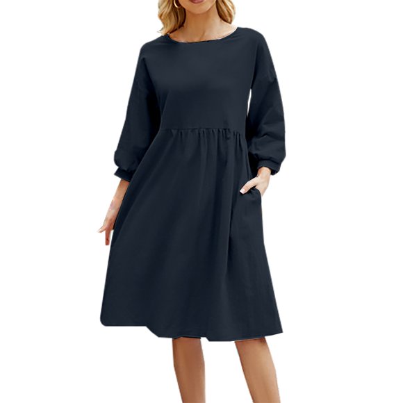 DondPO Robes Grande Taille pour Femmes aux Courbes Robes Midi Dames Été Coton et Lin Uni Mode Manche Ample Coton et Lin Robe à Poches Robe à Manches Longues Robes pour Femmes Bleu 1 Robe m
