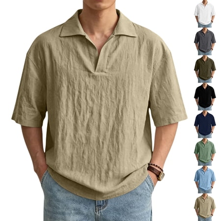 Men s Cuban Collar Henley Shirts with Short Sleeves and Breathable Linen Blend Fabric Featuring Relaxed Fit Silhouettes for Beach Vacations Summer Parties Golf Outings Navy L