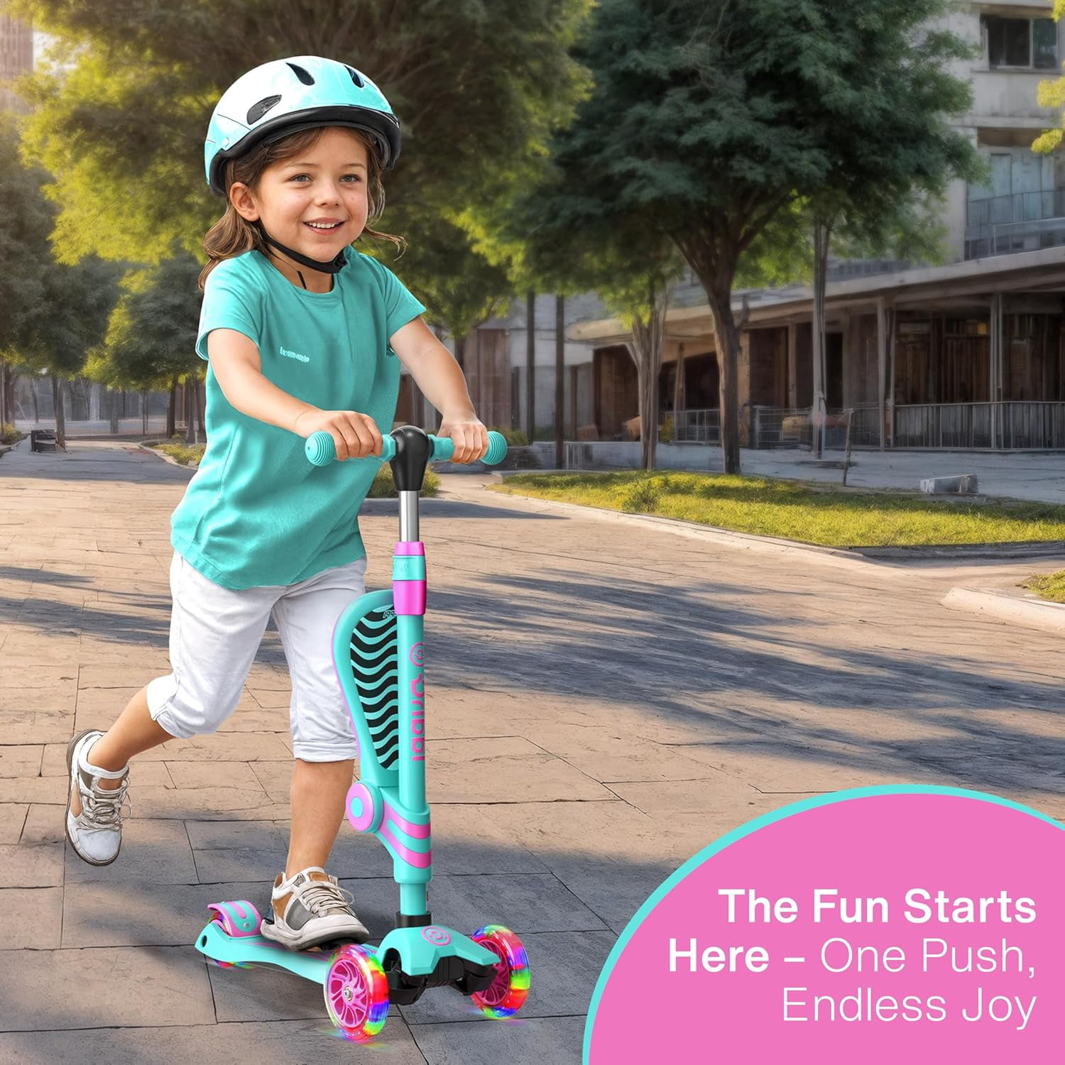 Dribbl 3-Wheel Kids Scooter with Seat, Light-Up Wheels, Adjustable Handlebar, Wide Deck & Rear Brake, Ages 2+