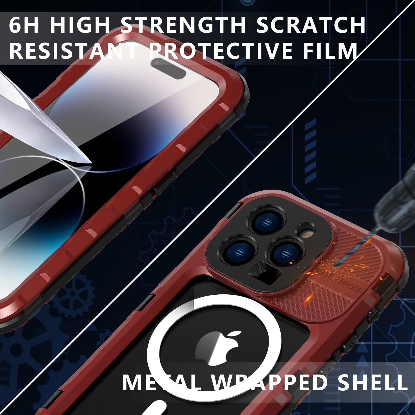 for iPhone 14 Pro Max Case Waterproof Shockproof Dustproof Full-Body Sturdy with Camera Lens Protection and Built-in Screen Protector,Underwater Full Sealed Cover for iPhone 14 Pro Max, Red