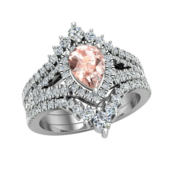 Wedding Ring Set 14K White Gold Enhancer look Diamond Bands Solitaire Pear Pink Morganite (I,I1)