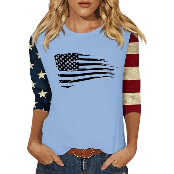 Fiudx Camisetas para Mujer Top de Cuello Redondo y Manga Corta con Estampado de Día Independiente y Manga 3/4 para Mujer